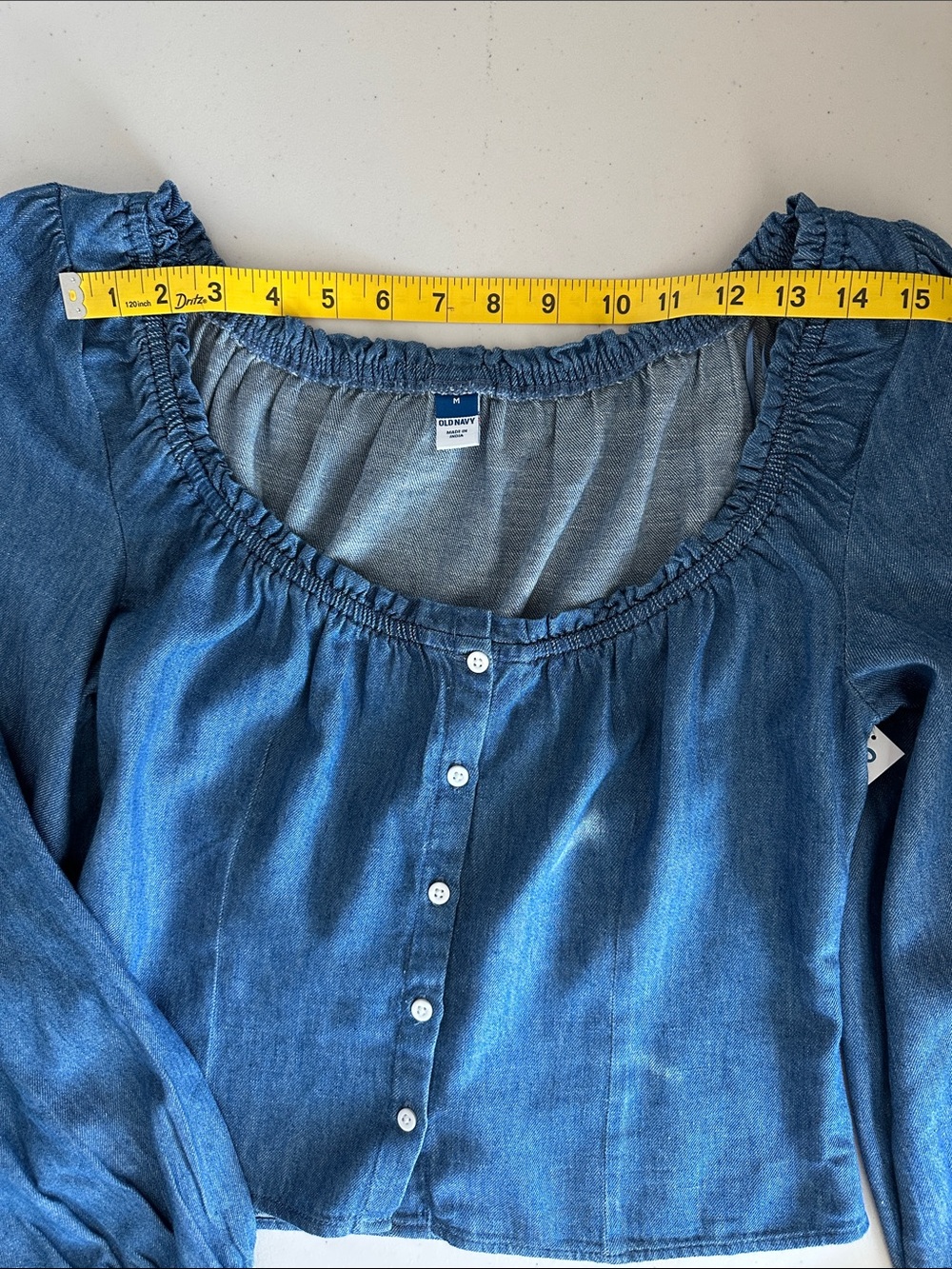NWT 100% Cotton Old Navy Blue Denim Peasant Button-Front Blouse Size Medium. - Picture 6 of 14